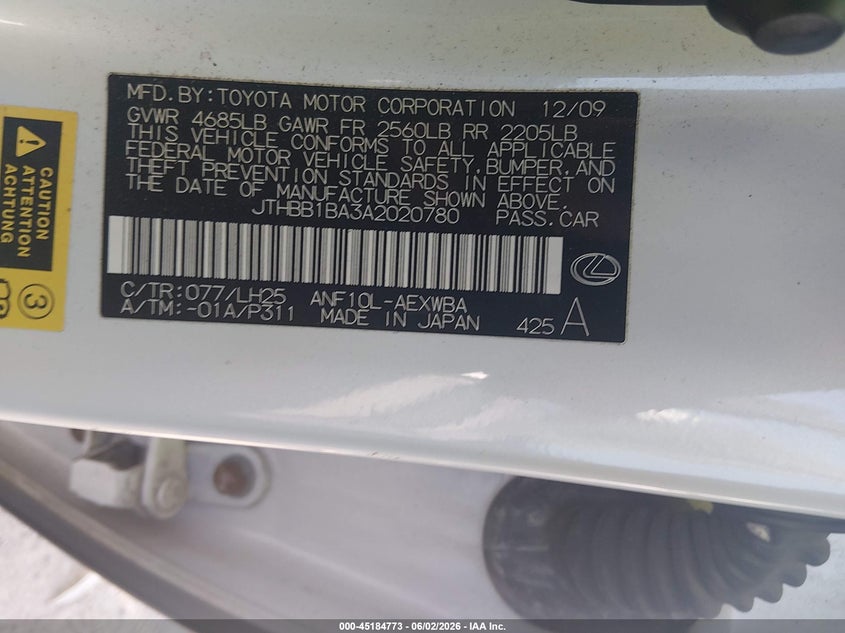 2010 Lexus Hs 250H Premium VIN: JTHBB1BA3A2020780 Lot: 45184773