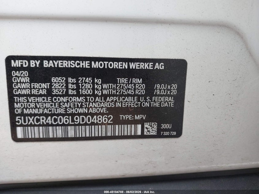 2020 BMW X5 Sdrive40I VIN: 5UXCR4C06L9D04862 Lot: 45184788
