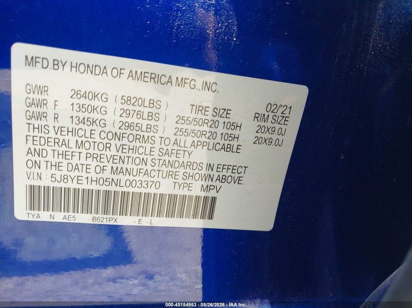 2022 Acura Mdx A-Spec Package VIN: 5J8YE1H05NL003370 Lot: 45184953