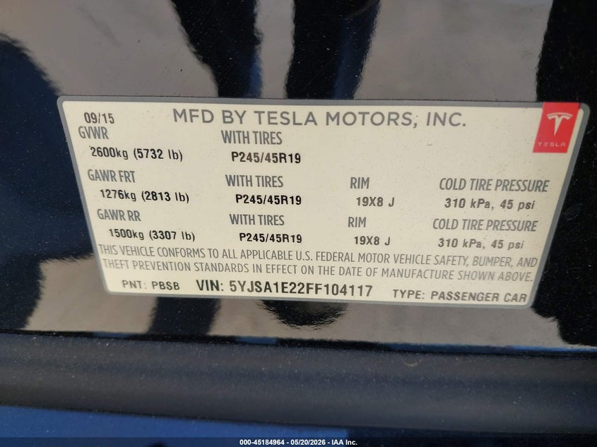 2015 Tesla Model S 70D/85D/P85D VIN: 5YJSA1E22FF104117 Lot: 45184964