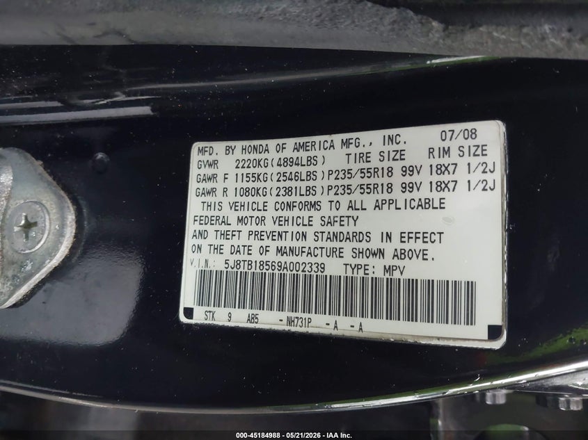 2009 Acura Rdx VIN: 5J8TB18569A002339 Lot: 45184988