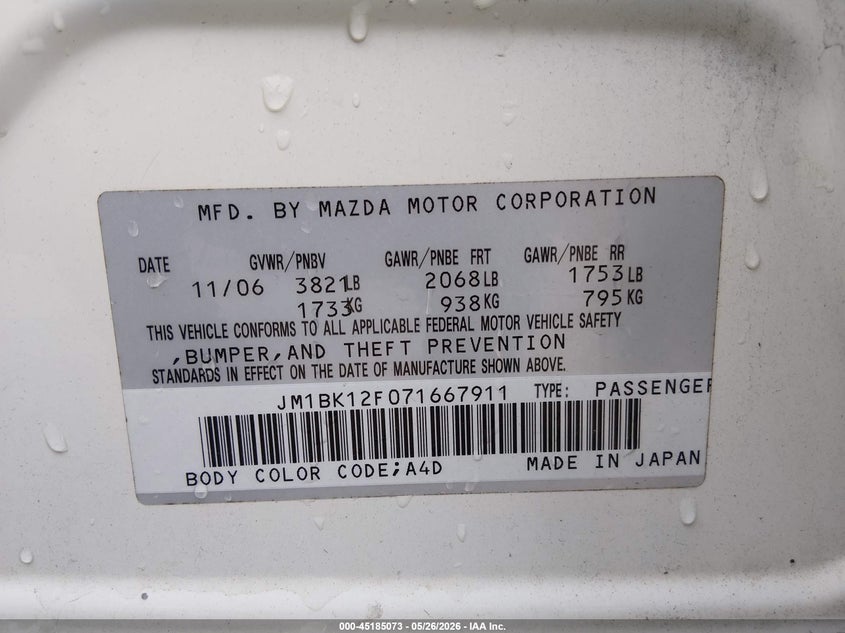2007 Mazda Mazda3 I Sport VIN: JM1BK12F071667911 Lot: 45185073