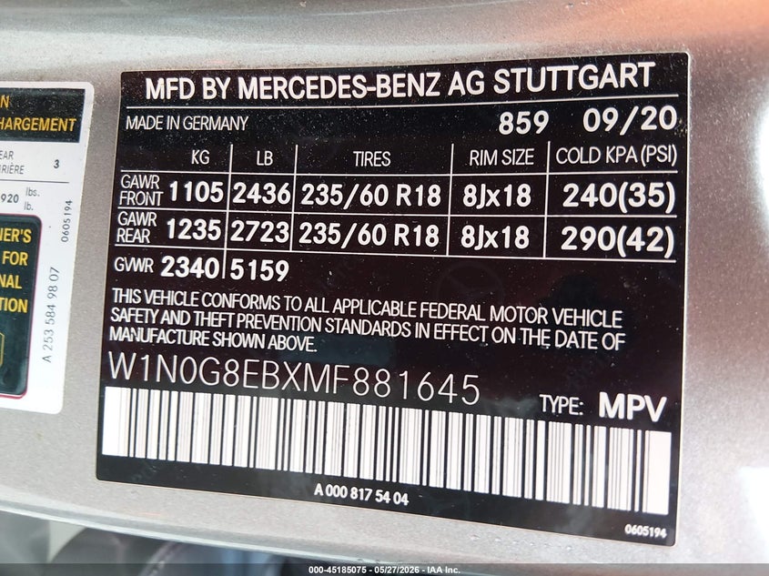 2021 Mercedes-Benz Glc 300 4Matic Suv VIN: W1N0G8EBXMF881645 Lot: 45185075