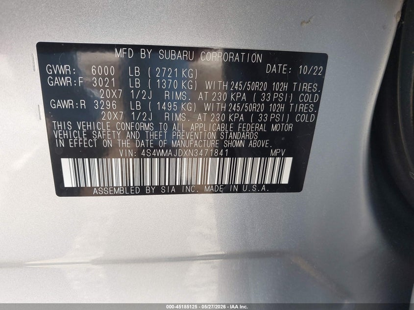 2022 Subaru Ascent Onyx Edition VIN: 4S4WMAJDXN3471841 Lot: 45185125