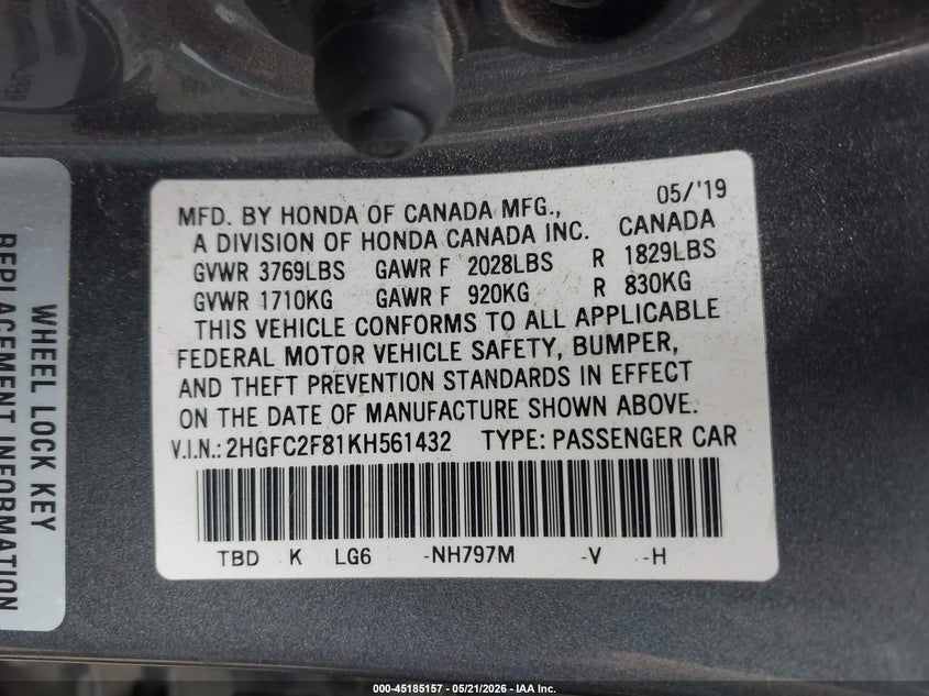 VIN 2HGFC2F81KH561432 2019 HONDA CIVIC SPORT