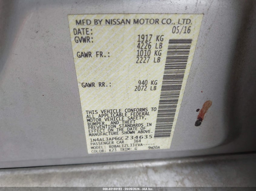 2016 NISSAN ALTIMA SEDAN 2.5L I-4 DOHC, VVT, 182HP