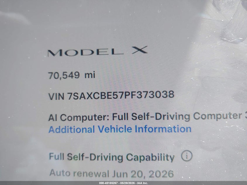 2023 Tesla Model X Dual Motor All-Wheel Drive/Standard Range VIN: 7SAXCBE57PF373038 Lot: 45185267
