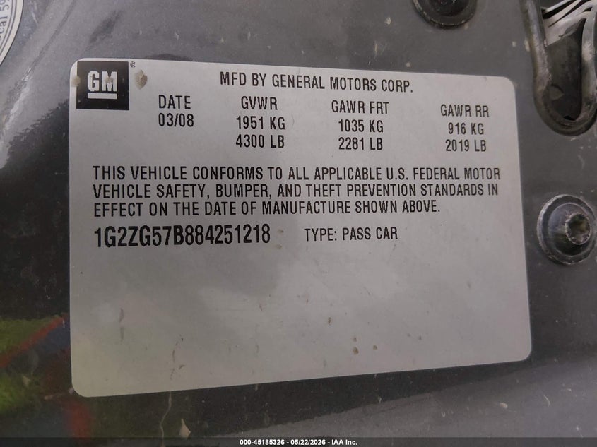 2008 Pontiac G6 VIN: 1G2ZG57B884251218 Lot: 45185326