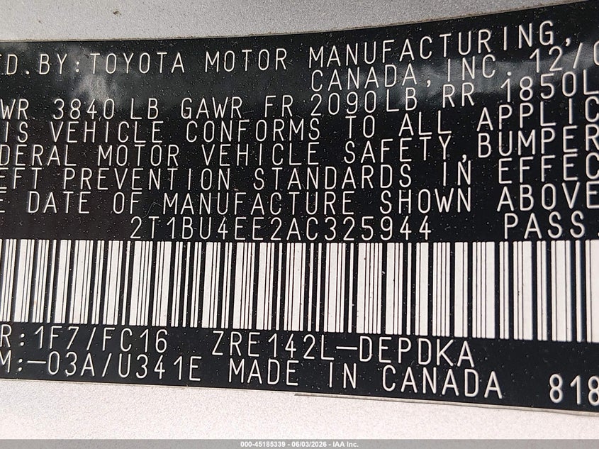 2010 Toyota Corolla 1.8 Le Silver Lot 111045185339 Vin 2T1BU4EE2AC325944