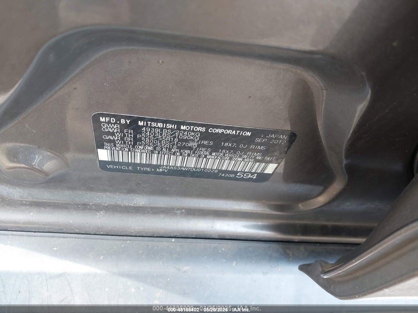 MITSUBISHI OUTLANDER 2013 VIN JA4AS3AW7DU010228
