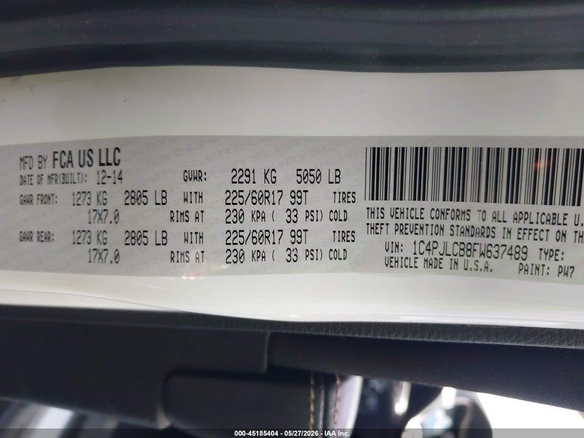 2015 JEEP CHEROKEE SPORT UTILITY VEHICLE 2.4L I-4 VVT, 184HP