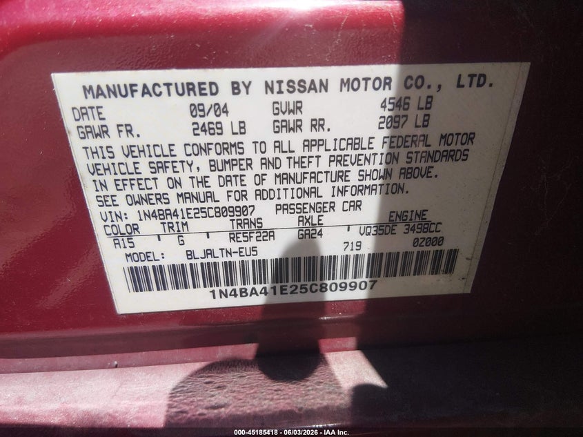 2005 Nissan Maxima 3.5 Se VIN: 1N4BA41E25C809907 Lot: 45185418