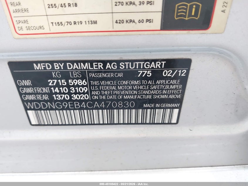 2012 Mercedes-Benz S 550 4Matic VIN: WDDNG9EB4CA470830 Lot: 45185422