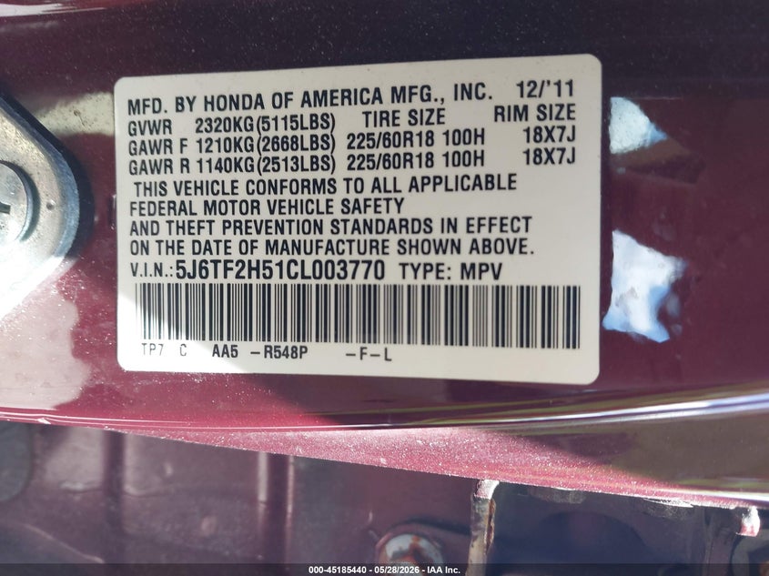 2012 Honda Crosstour Ex-L VIN: 5J6TF2H51CL003770 Lot: 45185440