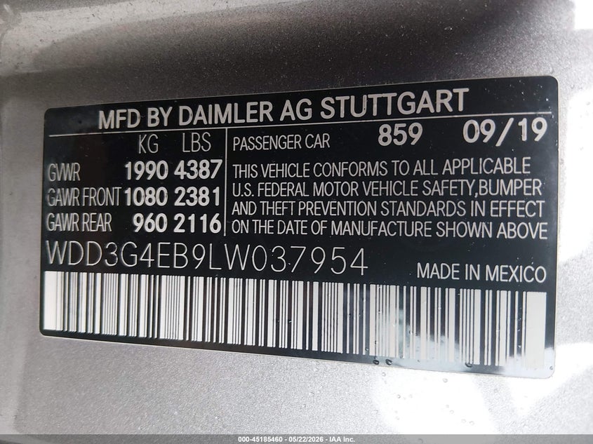 2020 Mercedes-Benz A 220 VIN: WDD3G4EB9LW037954 Lot: 45185460