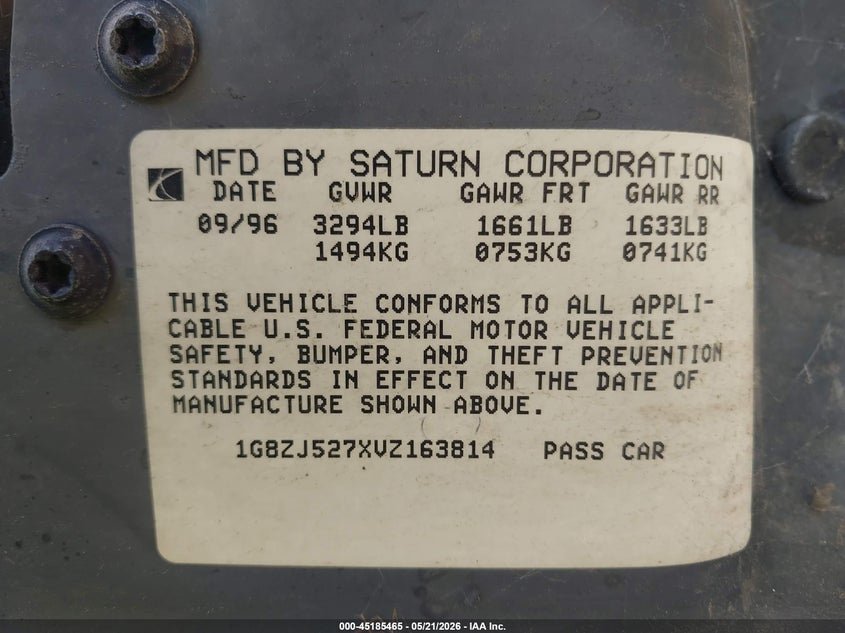 1997 Saturn Sl Sl2 VIN: 1G8ZJ527XVZ163814 Lot: 45185465