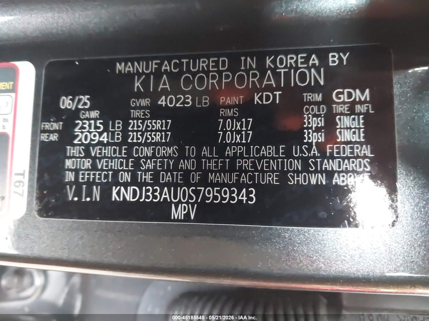KIA SOUL 2025 VIN KNDJ33AU0S7959343
