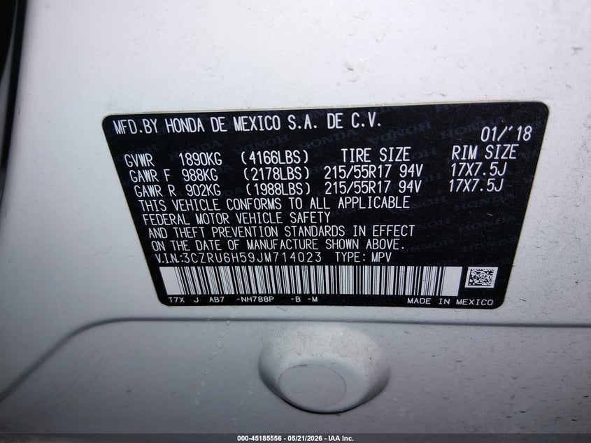 VIN 3CZRU6H59JM714023 2018 HONDA HR-V EX