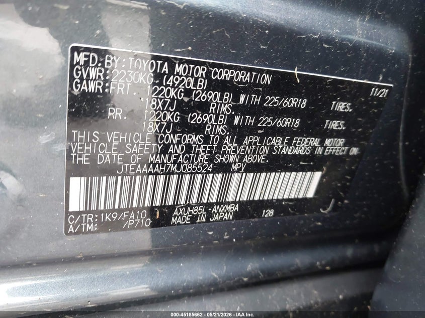 2021 Toyota Venza Le VIN: JTEAAAAH7MJ085524 Lot: 45185662
