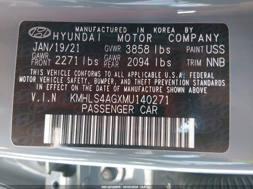2021 HYUNDAI ELANTRA(VIN: KMHLS4AGXMU140271