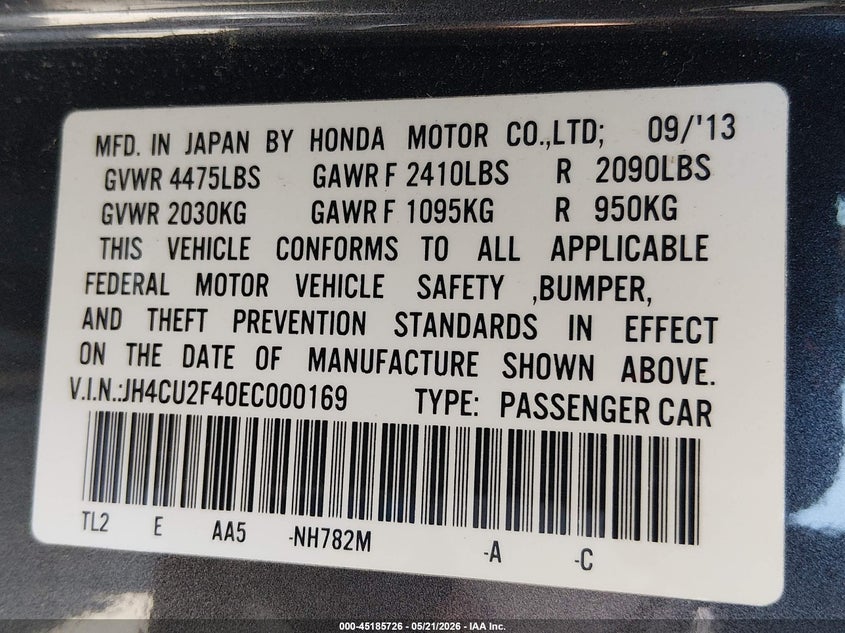 2014 Acura Tsx 2.4 VIN: JH4CU2F40EC000169 Lot: 45185726