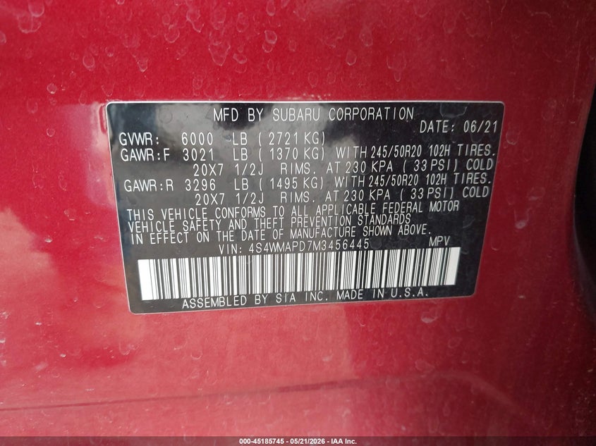 2021 Subaru Ascent Limited VIN: 4S4WMAPD7M3456445 Lot: 45185745
