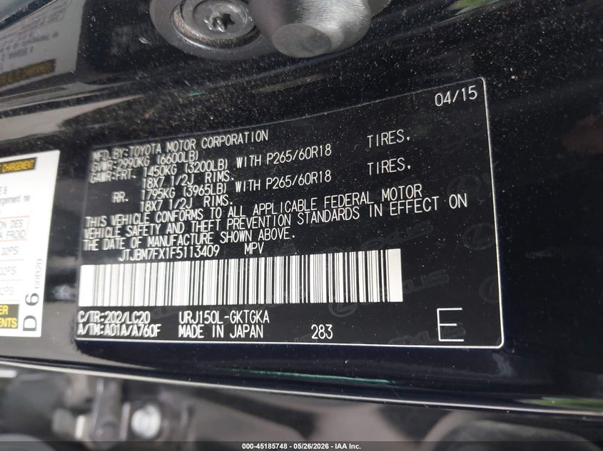 2015 Lexus Gx 460 VIN: JTJBM7FX1F5113409 Lot: 45185748