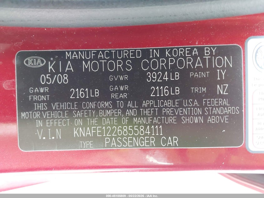 2008 Kia Spectra Ex VIN: KNAFE122685584111 Lot: 45185809
