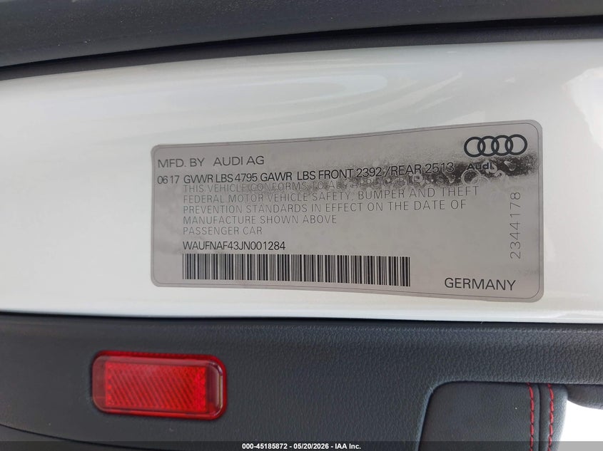 2018 Audi A4 2.0T Premium VIN: WAUFNAF43JN001284 Lot: 45185872