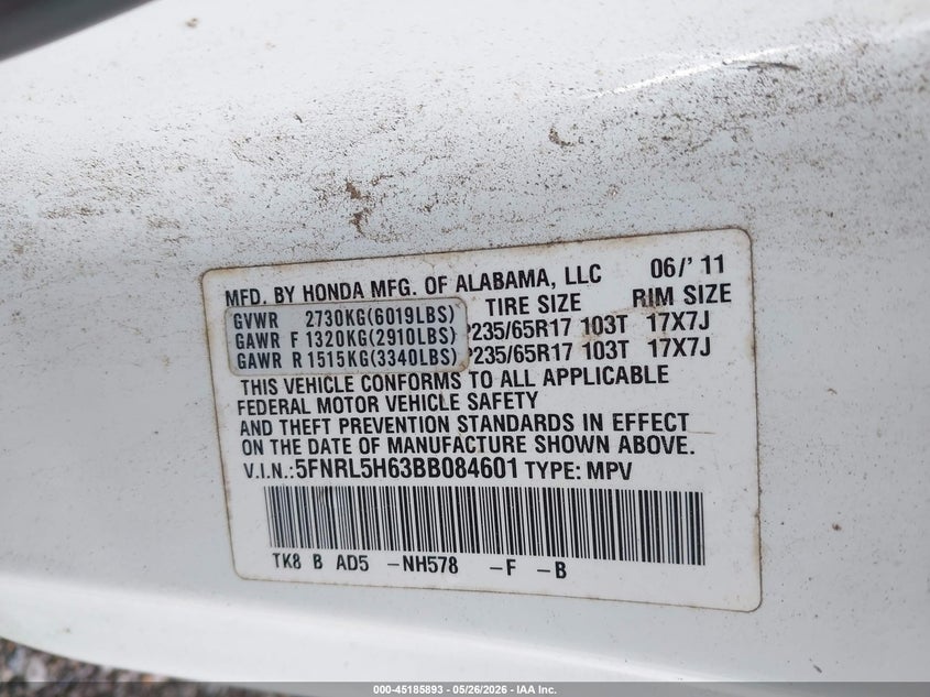 2011 Honda Odyssey Ex-L VIN: 5FNRL5H63BB084601 Lot: 45185893