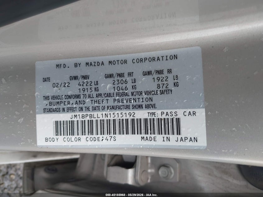 2022 Mazda Mazda3 Preferred VIN: JM1BPBLL1N1515192 Lot: 45185968