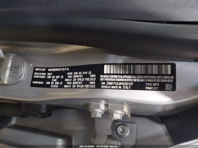 2017 Maserati Levante S VIN: ZN661YUL8HX252137 Lot: 45186004