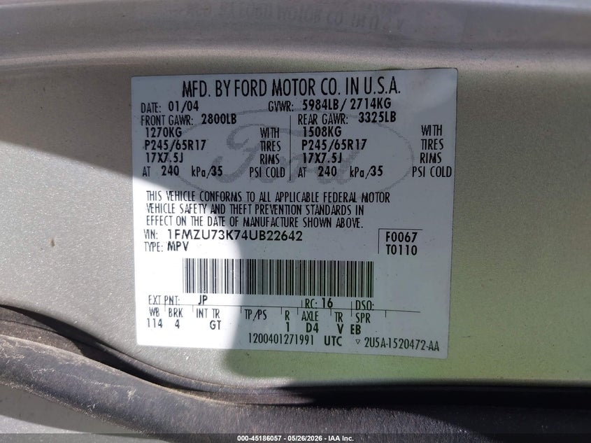 2004 Ford Explorer Nbx/Xlt VIN: 1FMZU73K74UB22642 Lot: 45186057