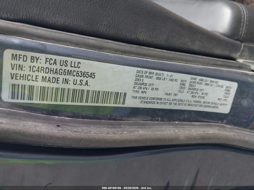 2021 Dodge Durango Sxt Plus Rwd VIN: 1C4RDHAG6MC636545 Lot: 45186106