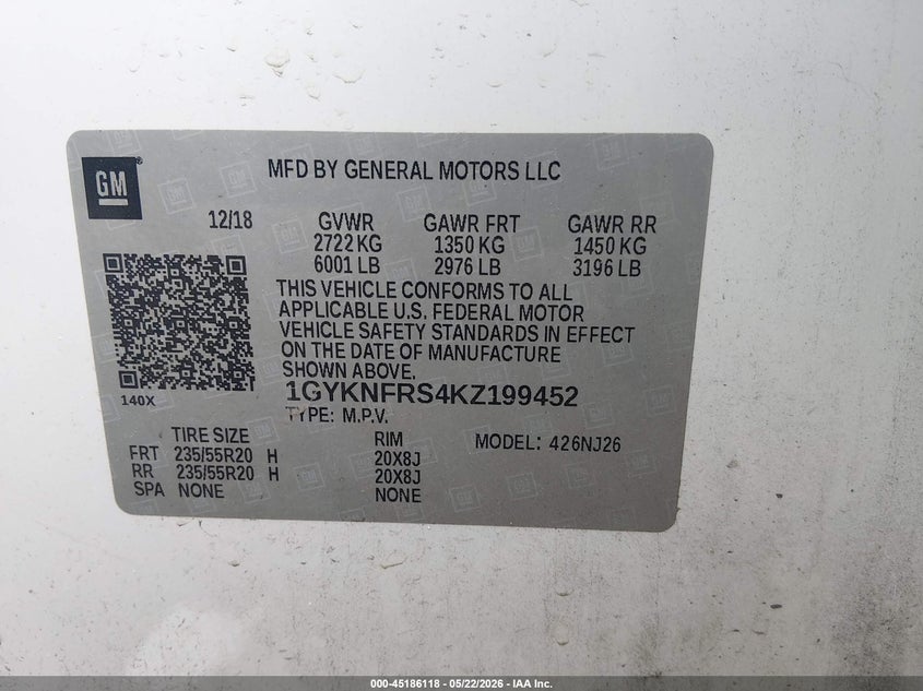 2019 Cadillac Xt5 Premium Luxury VIN: 1GYKNFRS4KZ199452 Lot: 45186118