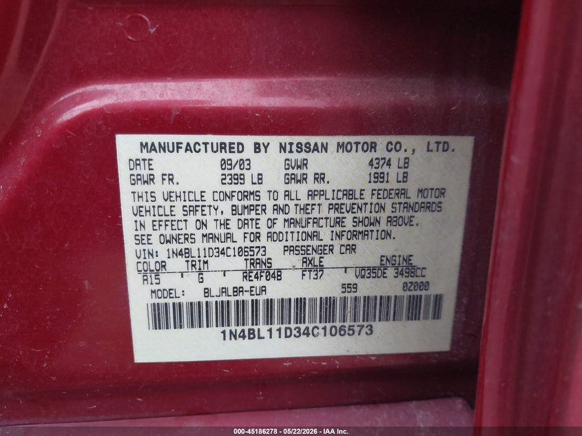2004 Nissan Altima 3.5 Se VIN: 1N4BL11D34C106573 Lot: 45186278