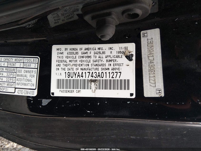 2003 Acura Cl 3.2 Type S VIN: 19UYA41743A011277 Lot: 45186309