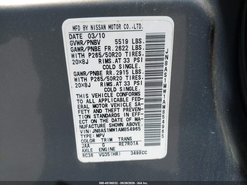 2010 Infiniti Fx35 VIN: JN8AS1MW1AM854965 Lot: 45186332