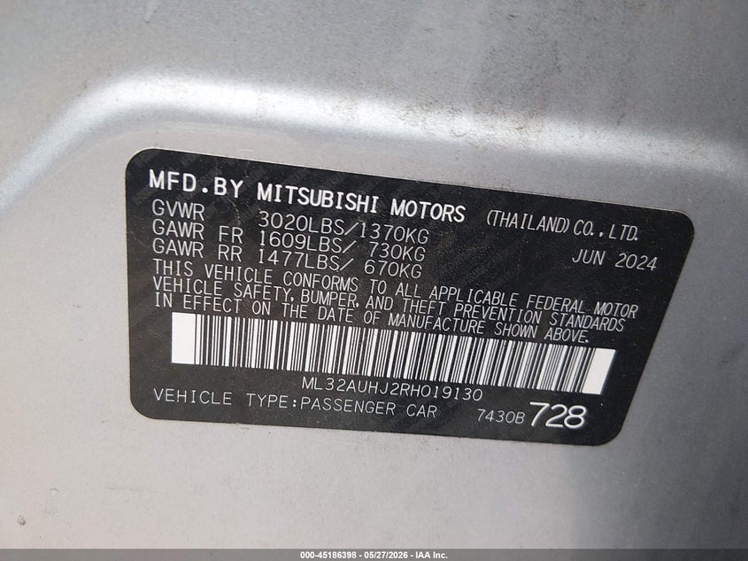 2024 Mitsubishi Mirage Es/Le VIN: ML32AUHJ2RH019130 Lot: 45186398