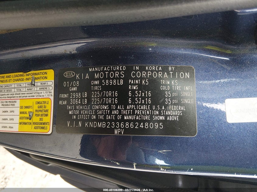 2008 Kia Sedona Lx VIN: KNDMB233686248095 Lot: 45186399