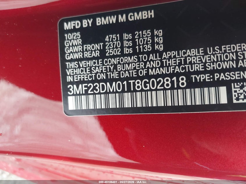 2026 BMW M2 VIN: 3MF23DM01T8G02818 Lot: 45186481