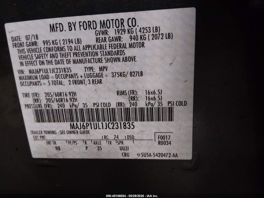 2018 Ford Ecosport Se VIN: MAJ6P1UL1JC231835 Lot: 45186554