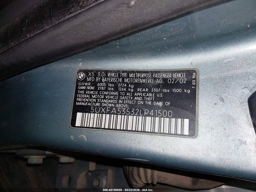 2002 BMW X5 3.0I VIN: 5UXFA53532LP41500 Lot: 45186559