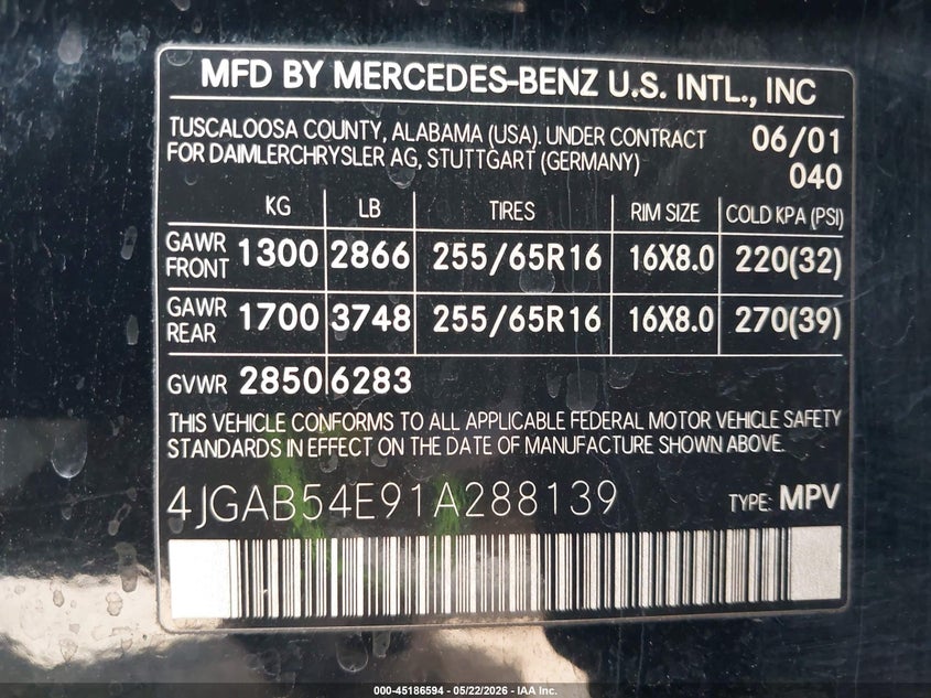 2001 Mercedes-Benz Ml 320 VIN: 4JGAB54E91A288139 Lot: 45186594