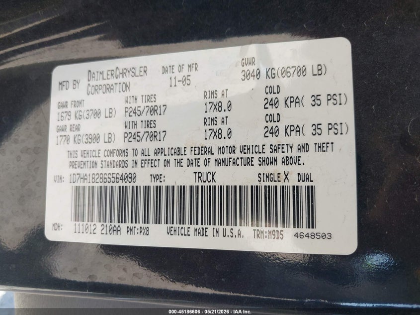 2006 DODGE RAM TRUCK 5.7L V-8 345HP