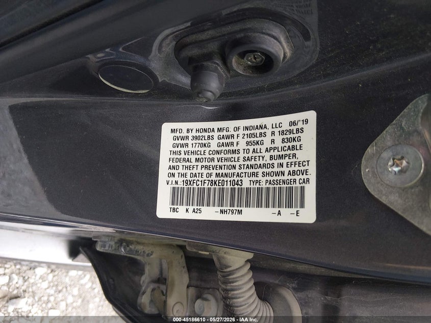 HONDA CIVIC 2019 VIN 19XFC1F78KE011043