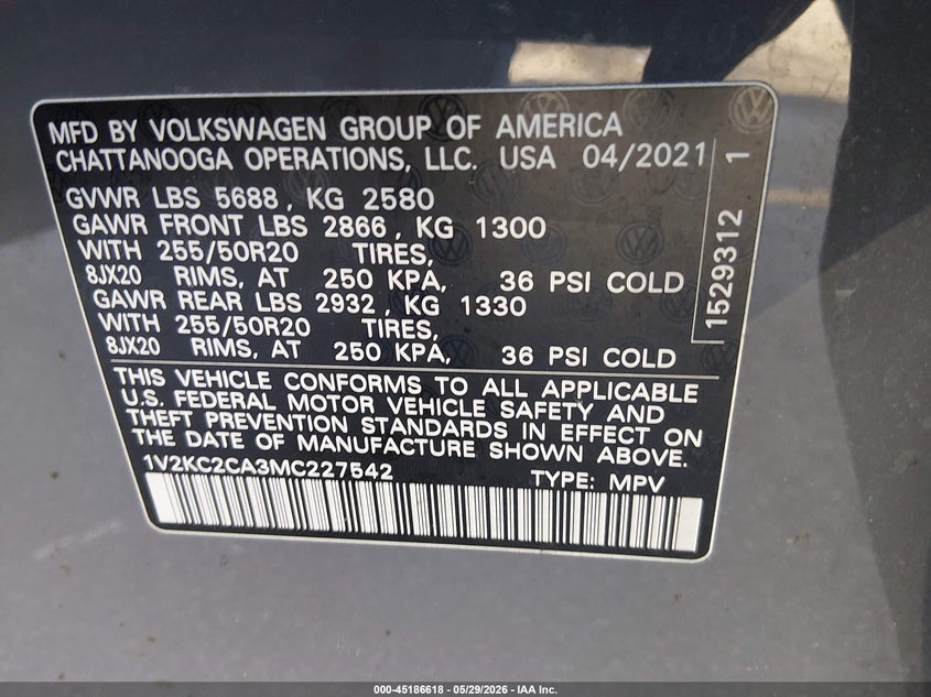 2021 Volkswagen Atlas Cross Sport 2.0T Se W/Technology VIN: 1V2KC2CA3MC227542 Lot: 45186618