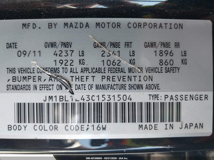 2012 Mazda 3 2.3 Azdaspeed3 Touring Black Lot 111045186688 Vin JM1BL1L43C1531504