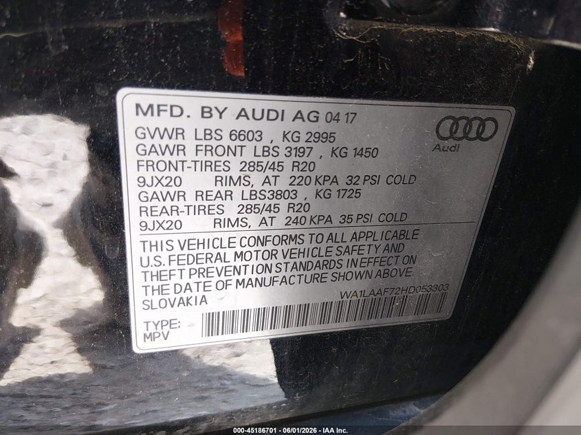 2017 Audi Q7 3.0T Premium VIN: WA1LAAF72HD053303 Lot: 45186701