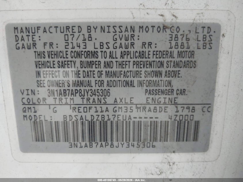 VIN 3N1AB7AP8JY345306 2018 NISSAN SENTRA SV